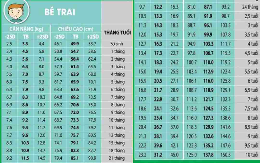 Bảng chiều cao cân nặng chuẩn của bé trai